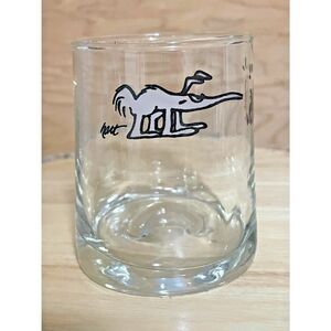 Vintage Pat Albeck Mid Century Dog & People Glass 4.5” Barware Art